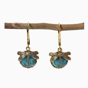 Golden Dragonfly Earrings - Translucent Blue Green Stone, Nature-Inspired